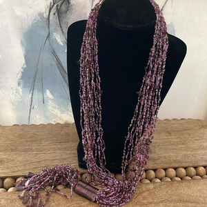 Beaded long multi strand necklace glass purple